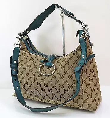 Authentic GUCCI Brown GG Canvas And Green Leather Hobo Shoulder Bag Purse #56229 • $233.10