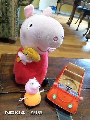 3x BIG Peppa Pig SOFT TOY + RED CAR +  Character FIGURE Toys MIXED LOT  • $19.99