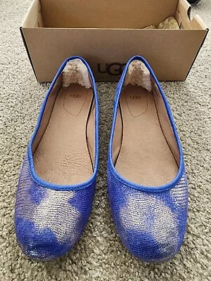 UGG Antora Lizard Flat Shoes Size 8 New In Box Blue Silver Leather Flats • $69.99