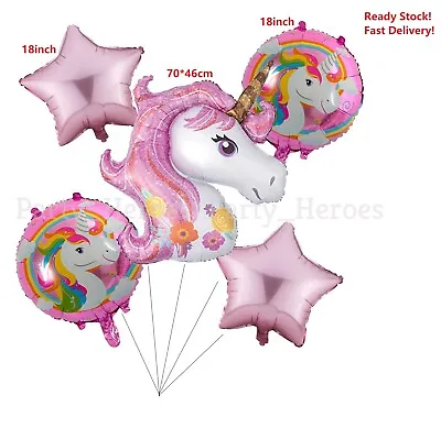 $4 • Buy Ready Stock! Unicorn 5 Pcs Foil Balloons Kids Birthday Party Supplies 70*46cm