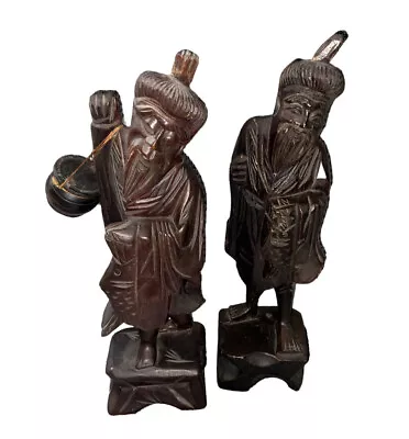 Antique Asian Chinese Deity Figures Hand Carved Wood 12” • £49.95