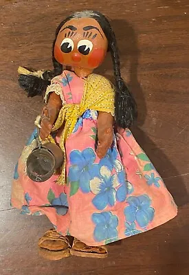 Mexican Doll Folk Art Oil Cloth Female With Leather Sandals And Baby VINTAGE • $30