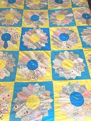 Vintage Dresden Plates Quilt 1930s 40 Fabric Turquoise Yellow Summer Weight  • $96.99