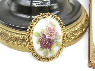 Vintage Victorian Style Pink Floral Porcelain Transfer Gold Tone Brooch Pin QQ16 • $16.14