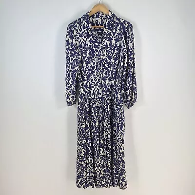 Zara Womens Shirt Dress Size L Aus 12 Blue Floral Long Sleeve Belt Midi 081029 • $22.95