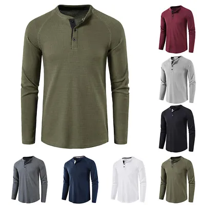 $5.49 • Buy Mens Waffle Knit Henley Thermal Top Thick Long Sleeve Undershirt Button Solid~