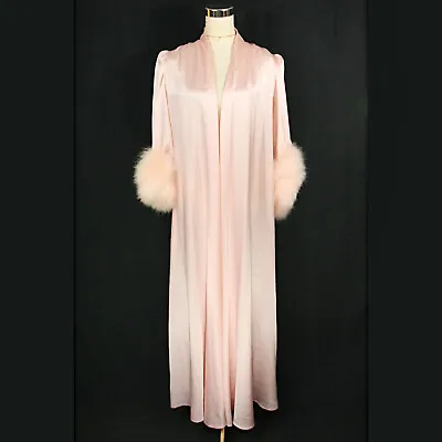 Vintage Lucie Ann Pink Satin Marabou Feathers Long Full Robe Pockets Hollywood L • $229.95