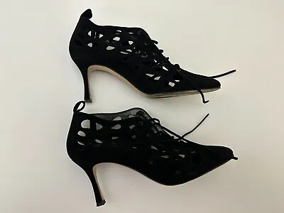 38 Manolo Blahnik Black Suede Perforated Ankle Boots Size 38/US 8 USED • $99.99
