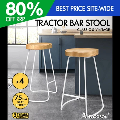 $289.95 • Buy ALFORDSON 4x Bar Stools 75cm Tractor Kitchen Wooden Vintage Chair White