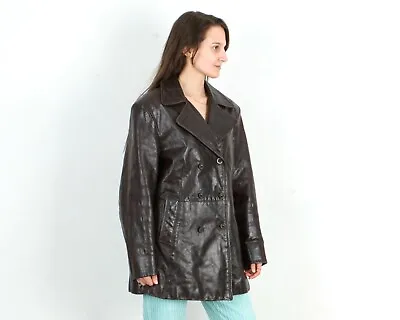 Womens L Leather Brown Coat Overcoat Trench Mac Double Breasted Insulated VTG • $57.44