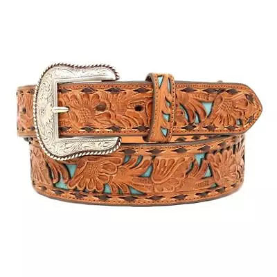 Nocona Western Mens Belt Leather Tapered Turq Underlay Tan N2414608 • $69