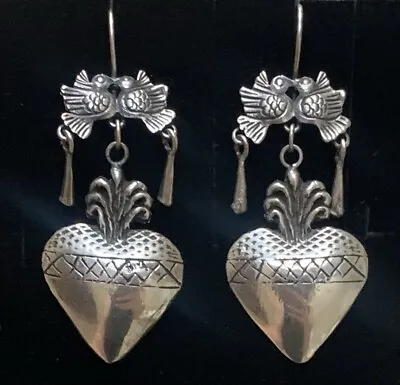 Mexican Oaxacan Sterling Silver Bird Burning Heart Earrings • $128