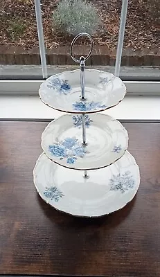 Vintage Afternoon Tea 3 Tier Cake Stand Blue Roses Made In Czechoslovakia • £12.50