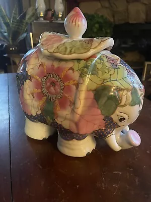 Super Rare Vintage Tobacco Leaf Ceramic Elephant Jar W/ Lid -  Mottahedeh Style • $450