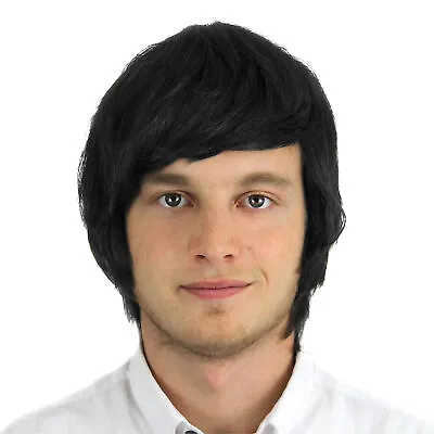 Mens Black Wig Adult Boyband Hairstyle 1960s 1970's 1980's Fancy Dress Hairpiece • £9.99