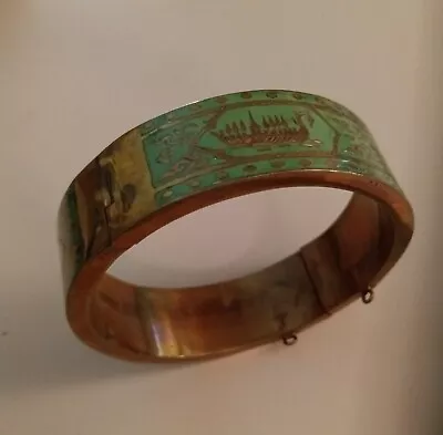 Vintage THAI BUDDHIST Bracelet Bangle Enameled 925 Silver Looks Copper Heavy • $11.11