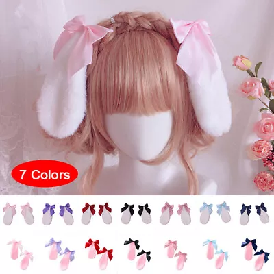 Cute Rabbit Bunny Plush Lop Ear Hairpin Clip Ribbon Bowknot Lolita Cosplay ❤ XK • £5.85