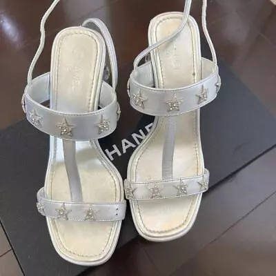 Chanel Sandals Heels Studs US6.5 EU37 1/2C Silver Star Leather Ladies Shoes • $470.20