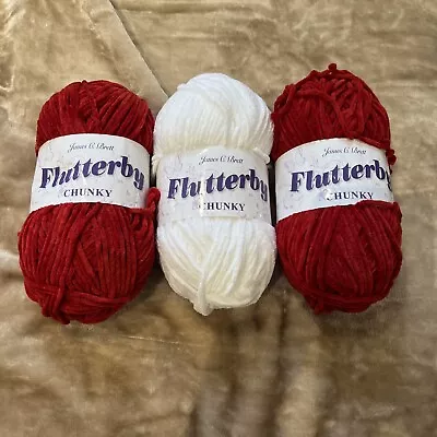 James C Brett Flutterby Chunky X3 Balls Of Yarn (2x Red 1x White) 100gx3 • £8