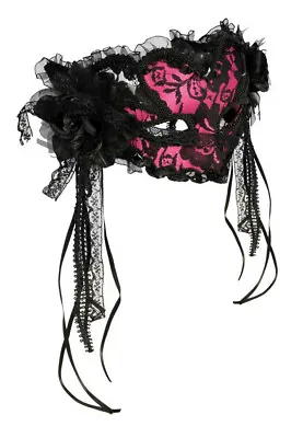 Fancy Pink And Black Lace Venetian Mask With Rosette And Satin Ribbon Streamers • $16.99