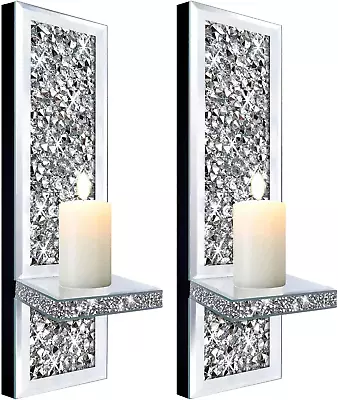 Set Of 2 Crystal Crush Diamond Candle Sconces Gorgeous Silver Mirrored Wall • £43.77