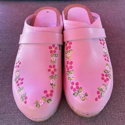 Vintage Pink Leather Hand Painted Classic Swedish Wooden Clogs 38 Floral • $59.99