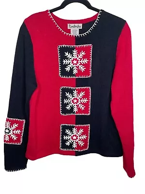 VTG TimberLea Womens Sweater M Christmas Holiday Snowflakes Whipstitch Black Red • $24.95