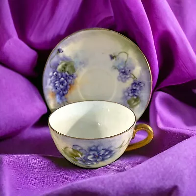 Vintage Austria Tea Cup & Saucer Hand Painted Violets Gold Paint. • $24.99