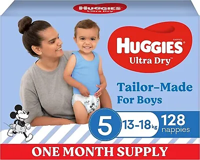 $85 • Buy Huggies Ultra Dry Nappies Boys Size 5 (13-18kg) One Month Supply 128 Count