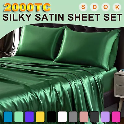 2000TC Four Pieces Silk Satin Flat Fitted Sheet Bed Set Single Double Queen King • $28.49