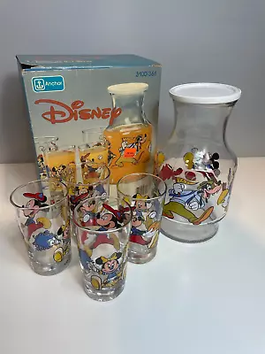 Vintage Anchor Hocking Disney 5pcs Mickey Mouse Juice Set & Carafe In Box • $25