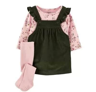 NWT Carter’s Floral Tee Corduroy Jumper Dress & Tights In Green & Pink 6M • $25