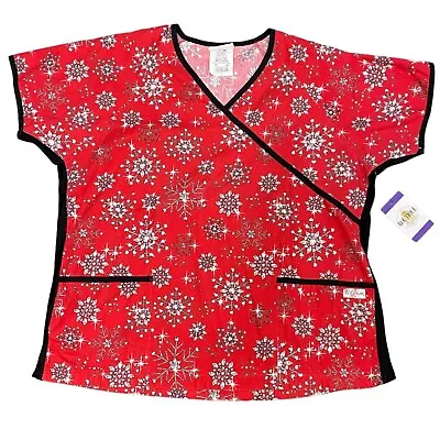 UA Scrubs L Red Snowflake Print Scrub Top Stretch Knit Side Panel Christmas • $15