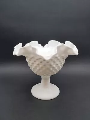 Vintage Fenton Milk Glass Hobnail Ruffled Edge Ribbed Pedestal Candy Compote • $12.99