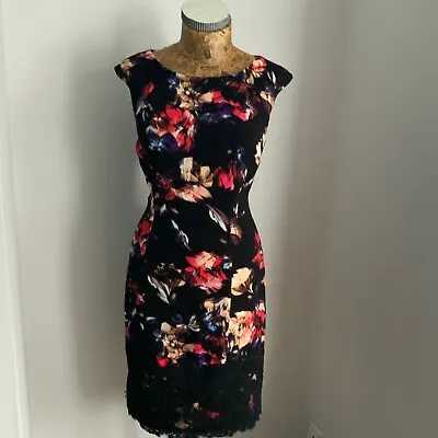 MAGGY LONDON DRESS Crepe Lace FLORAL Black Red Midi US 6 UK 8 Formal  • £13.95