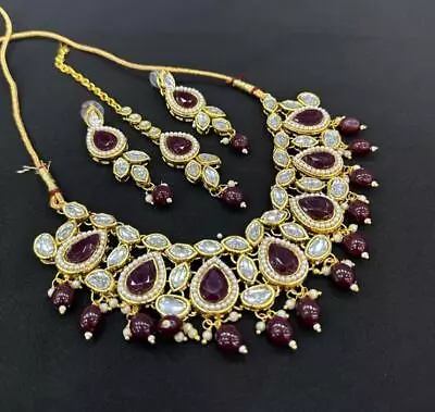 Indian Bollywood Gold Plated Kundan Choker Bridal Necklace Pearl Jewelry Set • $37.03