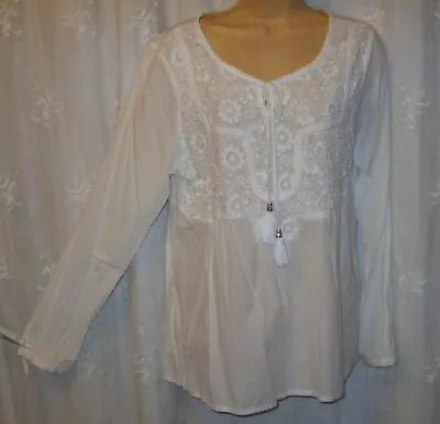 £23.29 • Buy New Large Signature Studio White Embroidered Cotton Peasant Gypsy Blouse Top