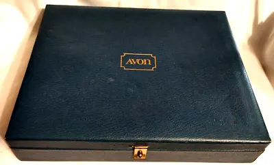 VTG AVON Jewelry Box Blue W Gold Lettering Velvet Lining Display Case 10X8X2 • $18.39