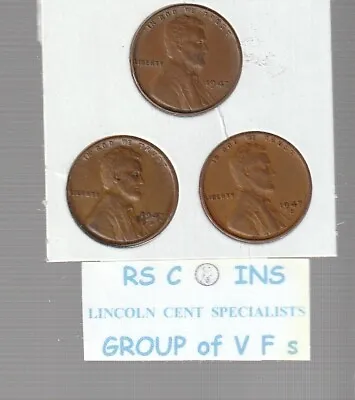 1947S   1948S   1949S  (S Mints)  3  Coin Lincoln Cent Set / VERY FINE Condition • $1.59