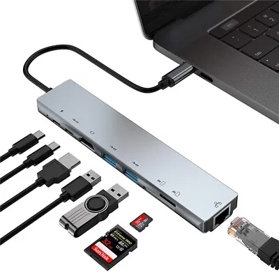 8 In 1 USB-C Multi Function Hub To HDMI 4K USB3.0 TF SD MicroSD 10/100 LAN Dock • $19.95