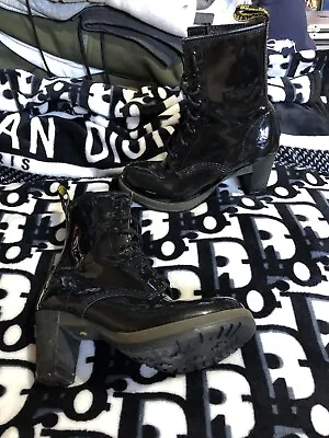 Dr Martens Black Patent Darcie Chunky High Heeled Boot Size Uk 6 39 Lace Up • £75