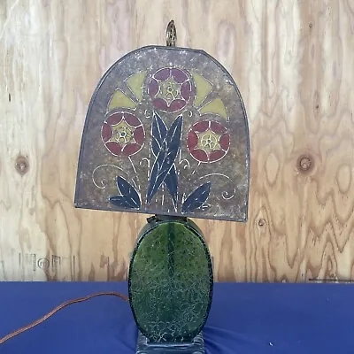 Art Deco Crackle Glass Lamp W/Hand-painted Mica Shade • $799.99