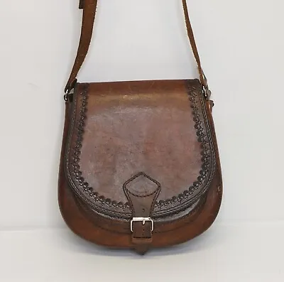 Vintage Leather Saddle Bag Purse Tooled Brown Shoulder Slim • $39.99