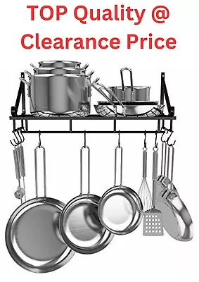 Black Metal 60 CM Kitchen Cooking Pot Rack Wall Mounted Shelf With 10 Hooks • £12.99