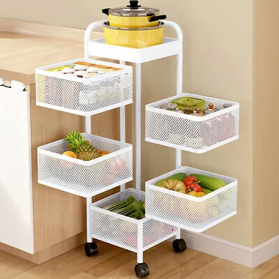 3/4/5/6 Tier Kitchen Rotating Storage Trolley Cart Utility Veg Mobile Shelf Rack • £18.95