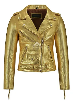 £134.99 • Buy Ladies Brando Perfecto Jacket Gold Bikers Punk Tops Genuine Leather Jacket MBF
