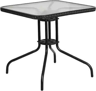 Barker 28'' Square Tempered Glass Metal Table With Black Rattan Edging • $71.99