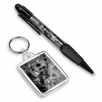 Pen & Keyring (Rectangle) - BW - Mexican Sugar Skulls Day Of The Dead #43213 • £6.99