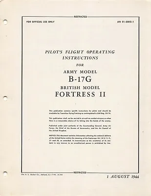 B-17G Flying Fortress Pilot's Flight Operating Inst's 1944 Flight Manual -CD • $26.99