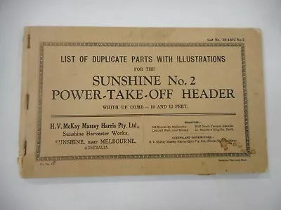 Sunshine No.2 Power Take Off Header Parts Manual / Massey Harris Pty Australia • $25